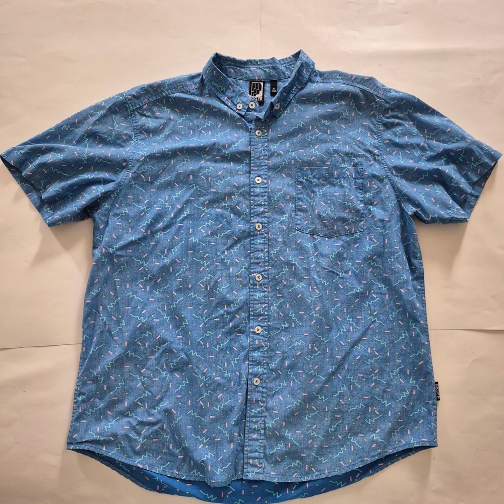 BKLYN Athletics Men XL Blue 90s Geometric Reverse Print Cotton Button Down Shirt